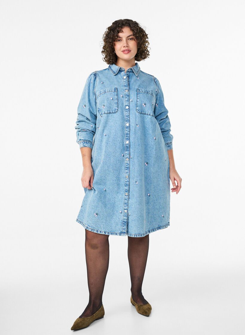 Robe en jean avec imprimé cerises et poches poitrine, Bleu Clair, Model image number 1