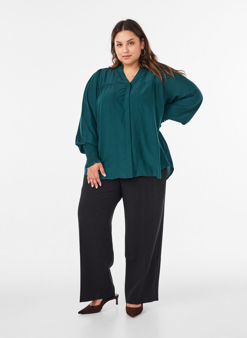 Blouse avec col &agrave; volants et fronces, Vert fonc&eacute;, Model image number 1