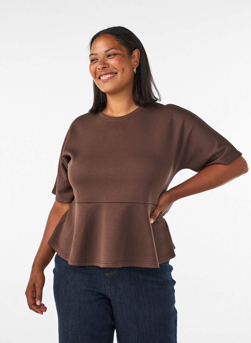 Blouse peplum avec manches longueur coude, Marron, Model image number 0