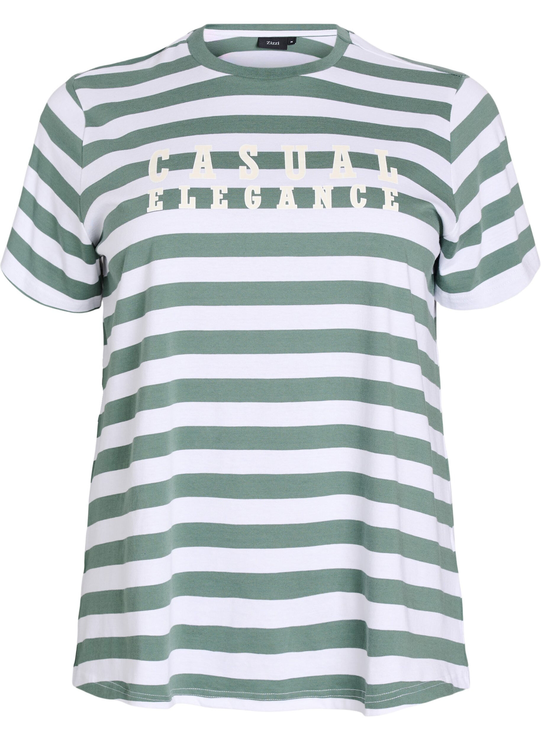 Zizzi T-shirt en coton biologique avec des rayures et du texte, Vert, Packshot image number 0
