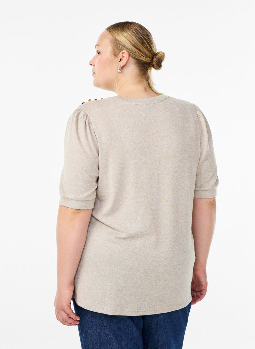 Chemisier avec d&eacute;tails boutons et manches courtes bouffantes, Beige, Model image number 2