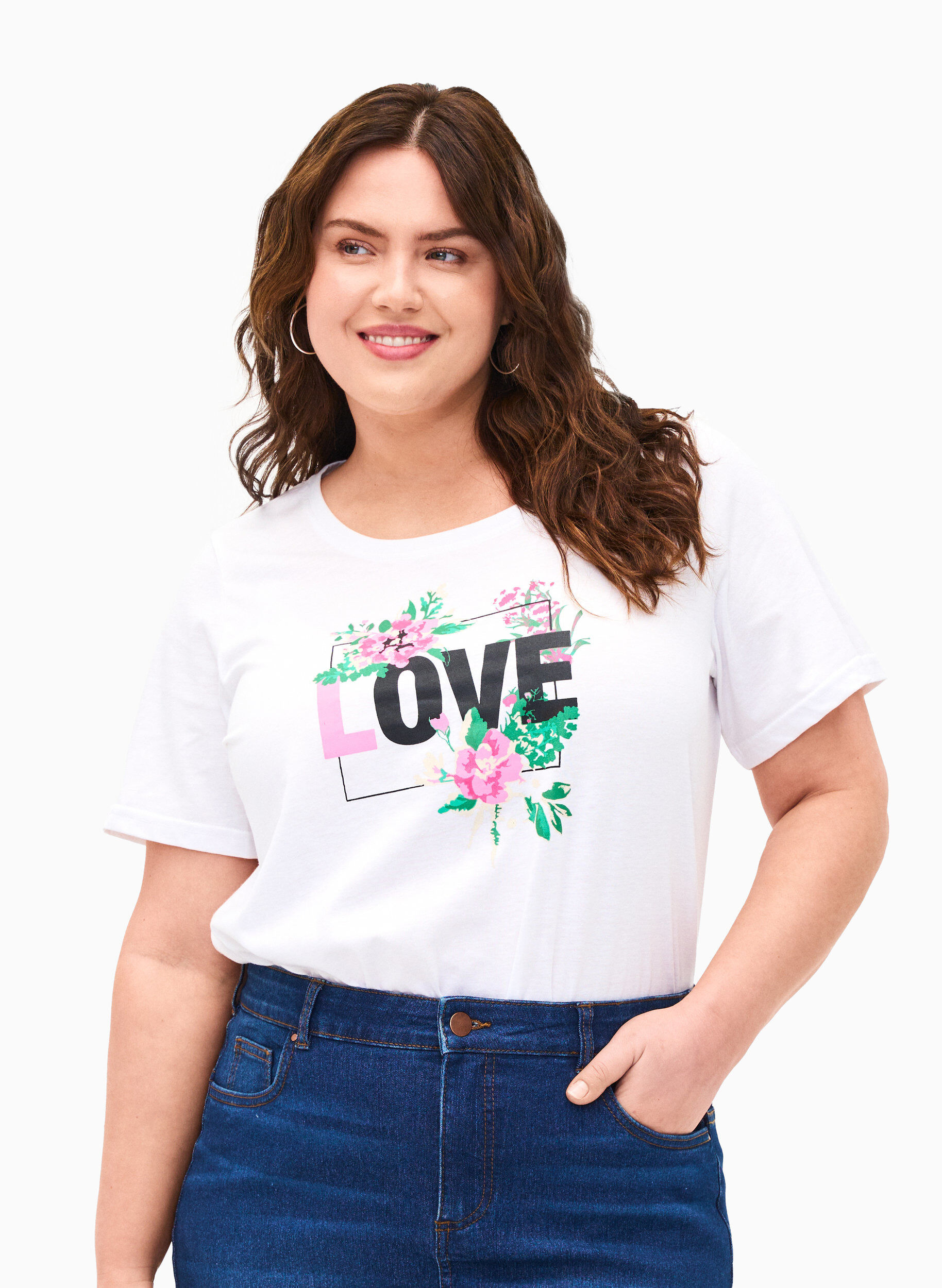 Zizzi FLASH - T-shirt avec motif, Bright White Love, Model image number 0