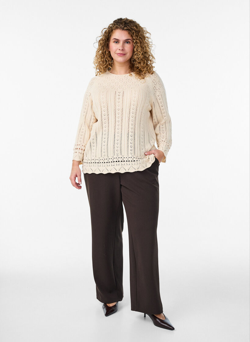 Top en maille avec broderie eyelet et manches 3/4, Beige, Model image number 1
