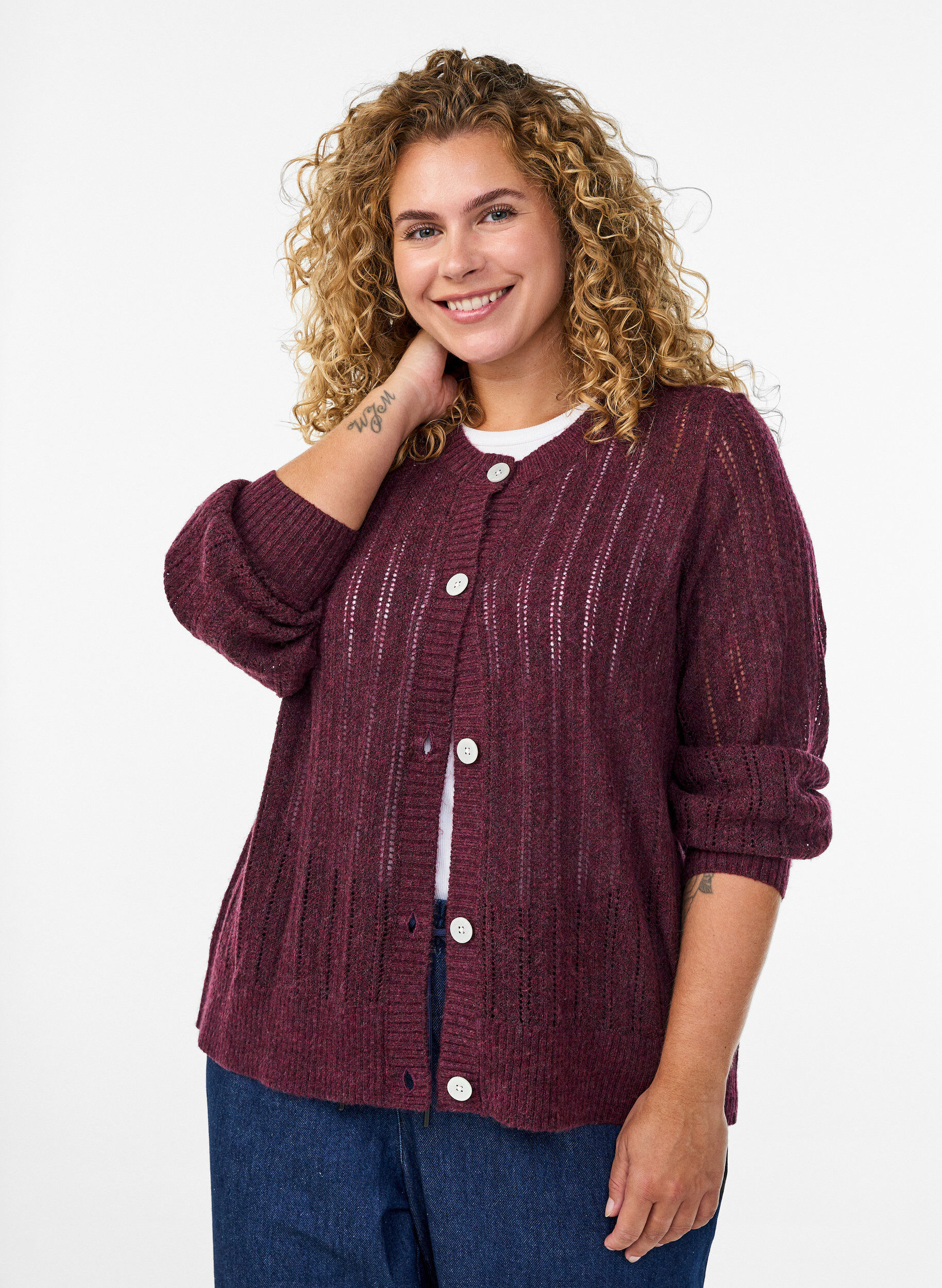 Zizzi Cardigan en maille ajour&eacute;e, Bordeaux fonc&eacute;, Model image number 0