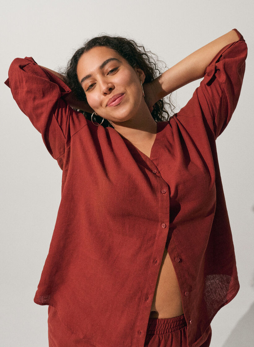 Blouse en lin et viscose avec col en V, Bordeaux, Image image number 0