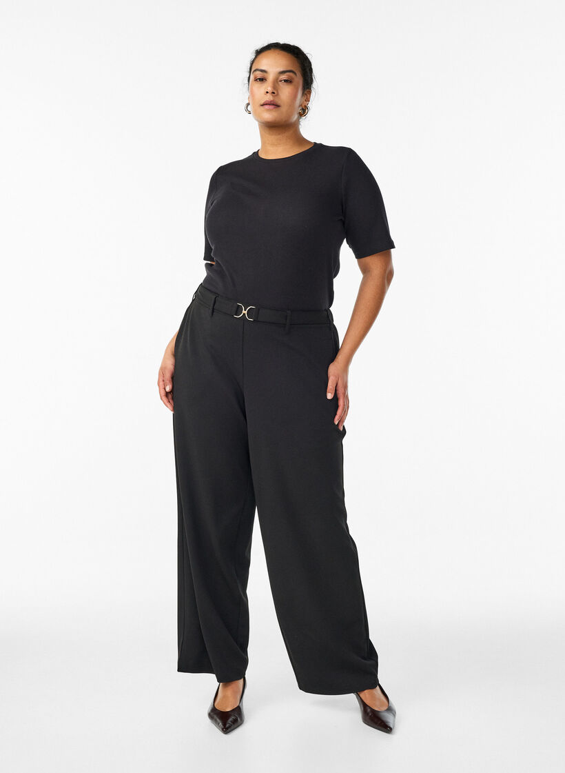 Pantalon taille haute avec ceinture et boucle dor&eacute;e, Noir, Model image number 0