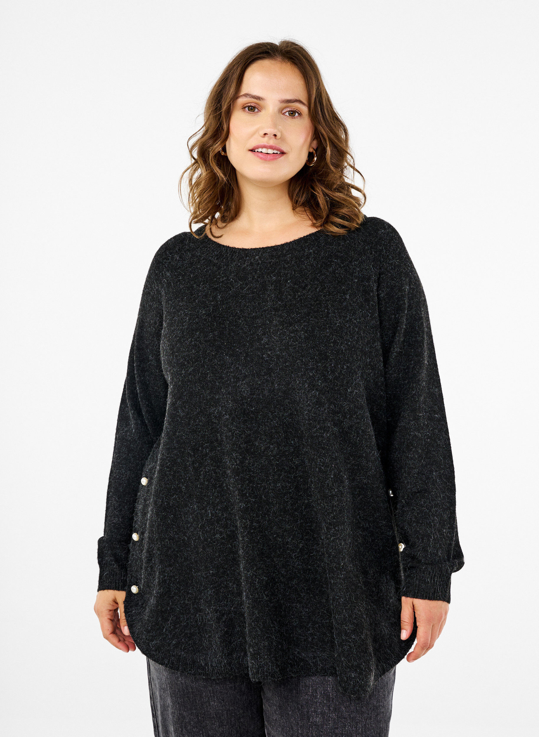 Zizzi Chemisier en tricot avec des d&eacute;tails de perles, Dark Grey Melange, Model image number 0