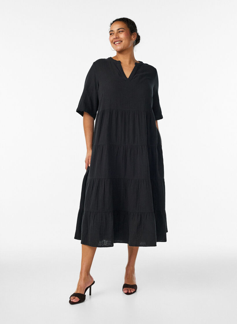 Robe midi coupe &eacute;vas&eacute;e en mousseline de coton, Noir, Model image number 1