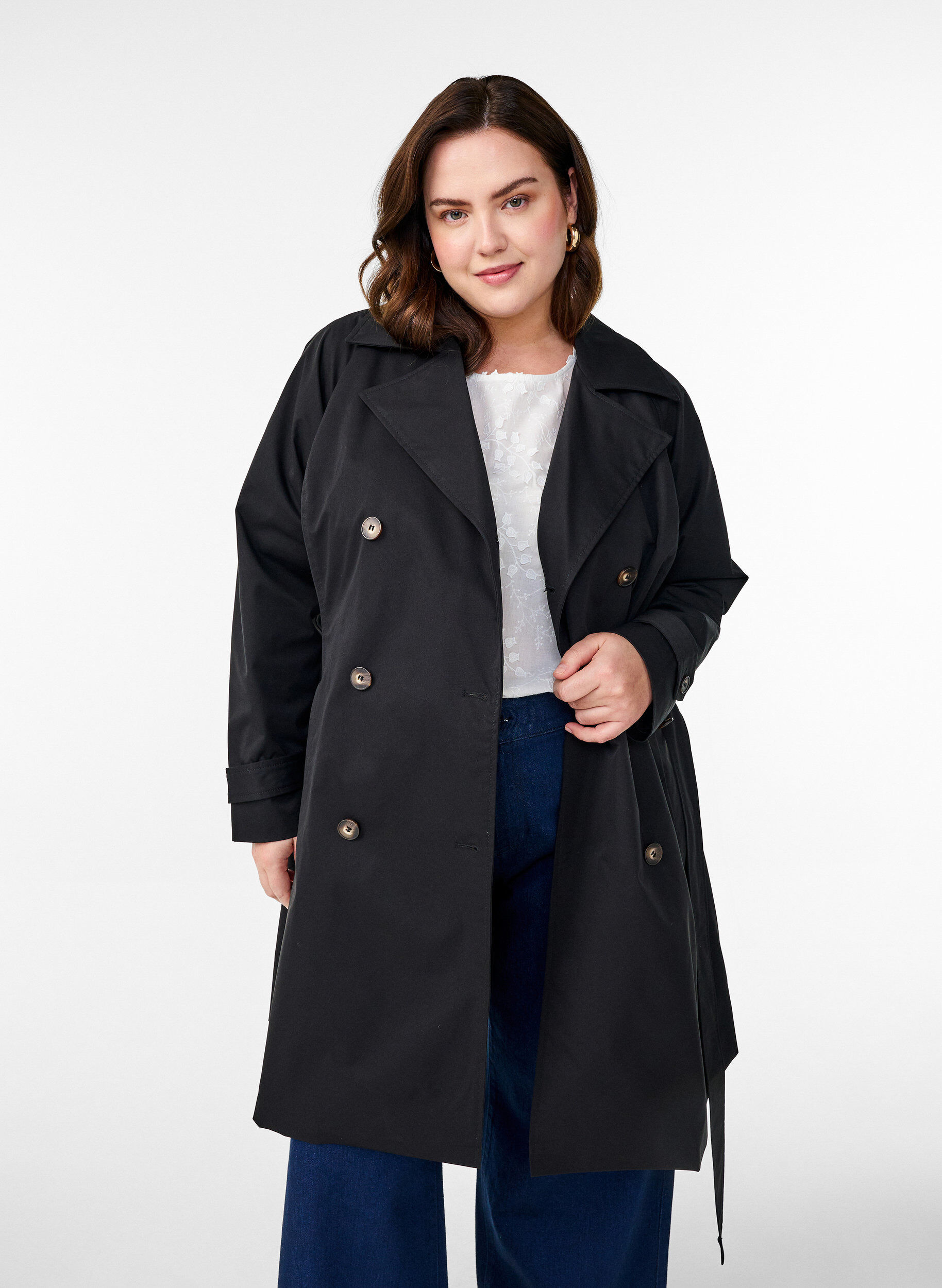 Zizzi Trench-coat mi-long avec ceinture, Black, Model image number 0