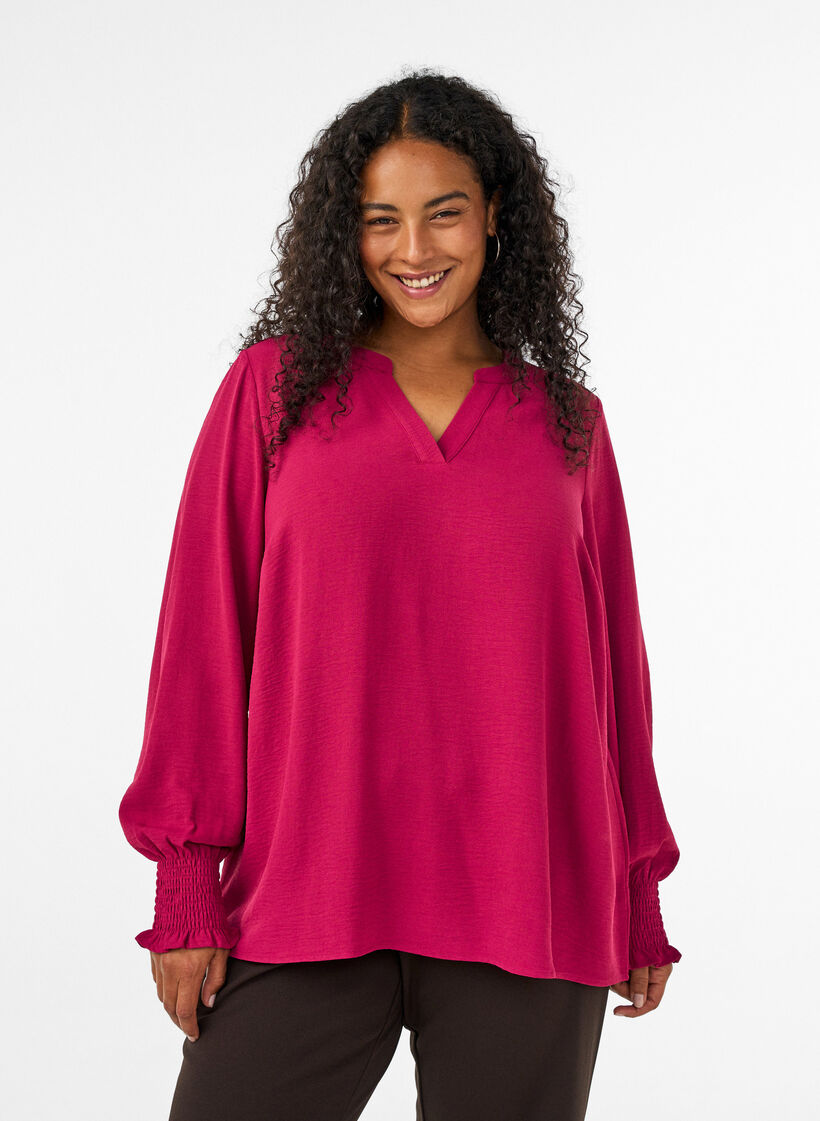 Blouse avec poignets smock&eacute;s et col en V, Bordeaux, Model image number 0