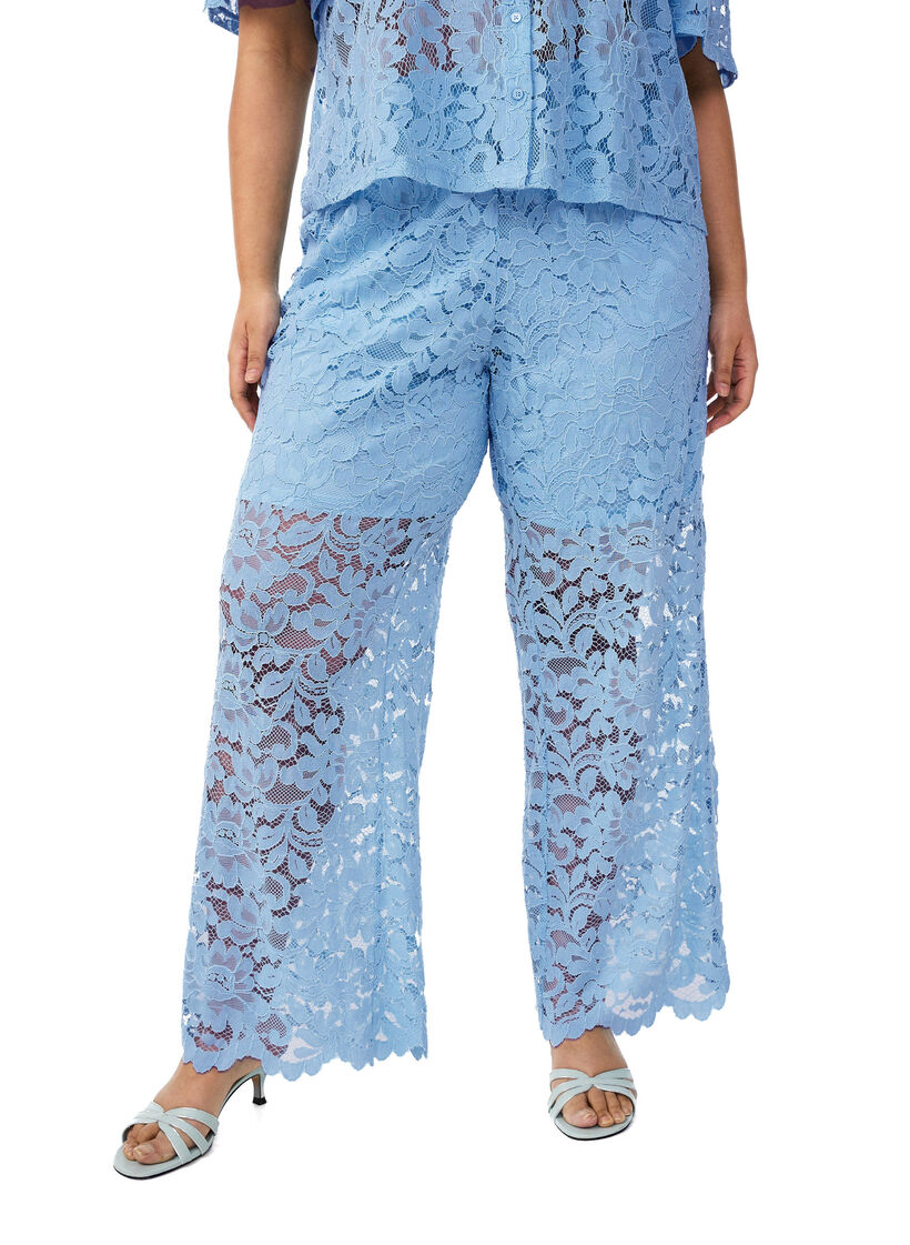 Pantalon taille haute en dentelle &agrave; coupe droite, Bleu, Model image number 2