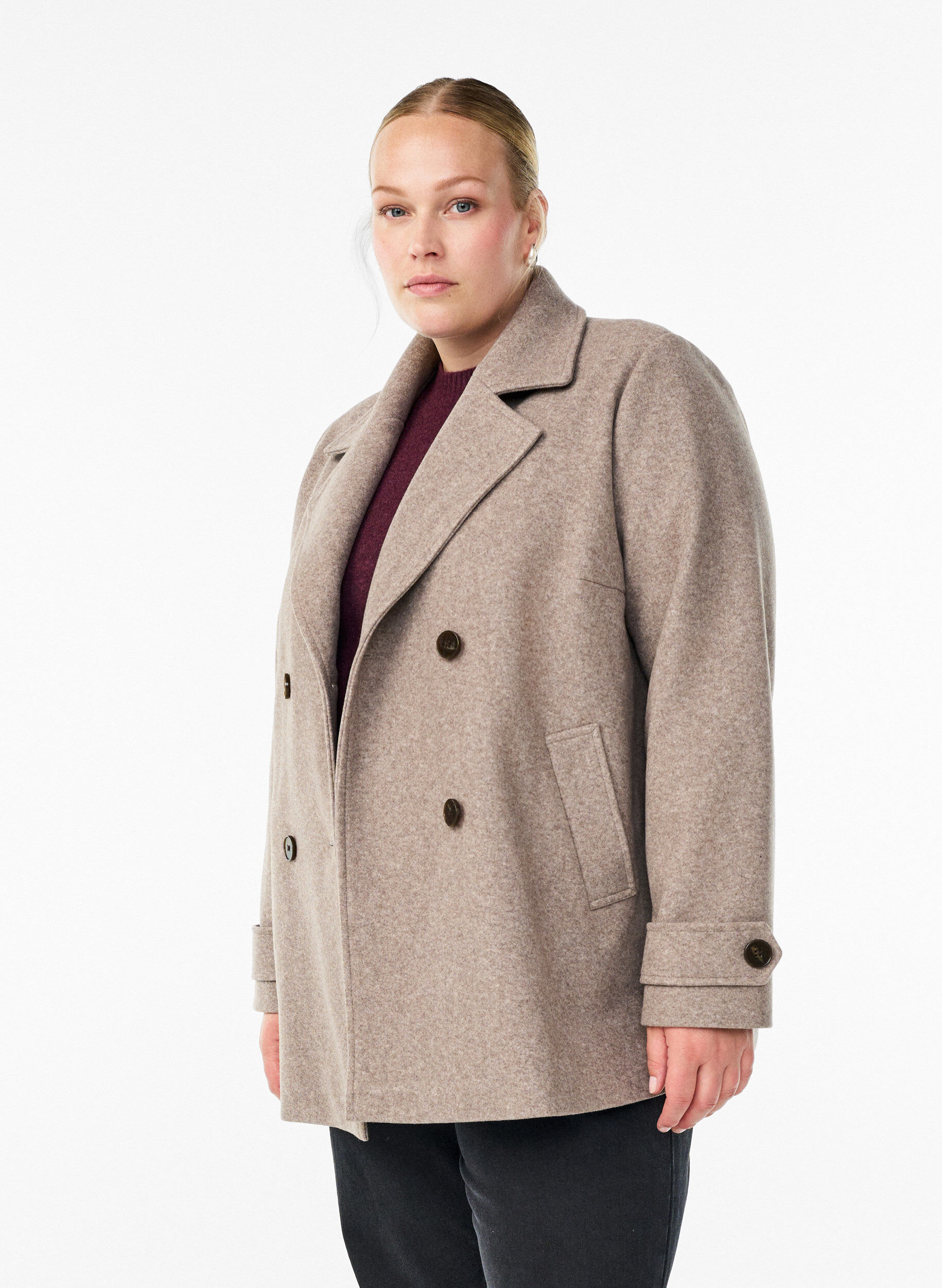 Manteau court &agrave; boutonnage crois&eacute;, Beige, Model