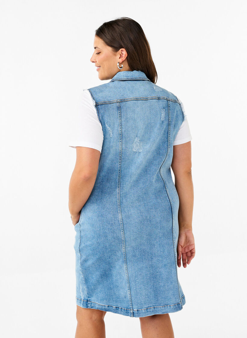Robe en jean sans manches avec détails à bords bruts, Light Blue Denim, Model image number 1