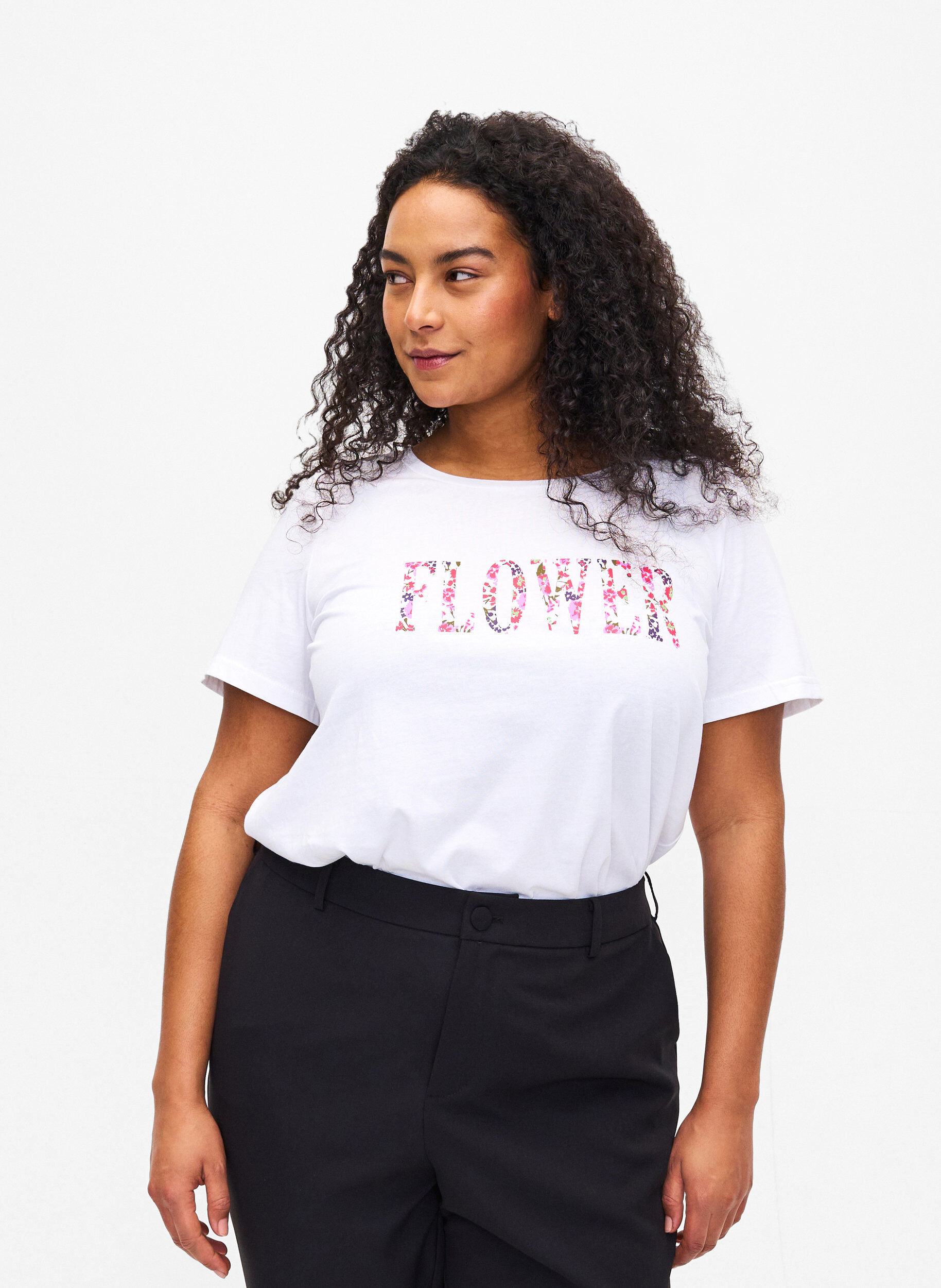 Zizzi T-shirt en coton avec imprim&eacute; texte, B. White w. Flower, Model image number 0