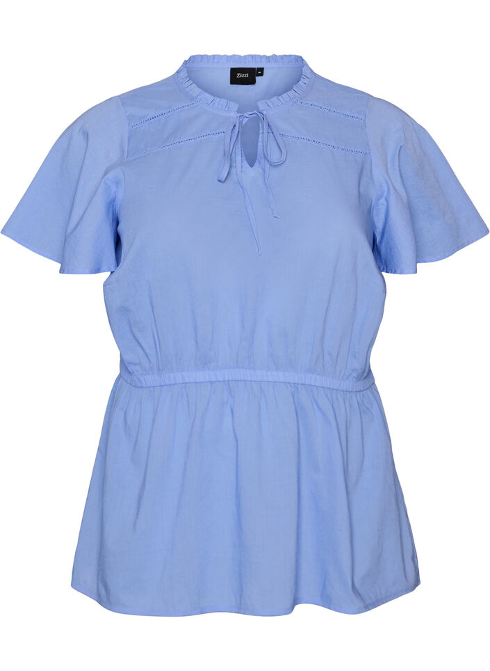 Blouse en coton avec lien &agrave; nouer et taille &eacute;lastiqu&eacute;e, Bleu, Packshot image number 0