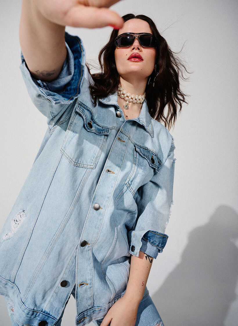 Veste en jean ample avec détails de fente, Light blue denim, Image image number 0