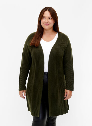 Long cardigan en tricot côtelé, Forest Night Mel., Model image number 0
