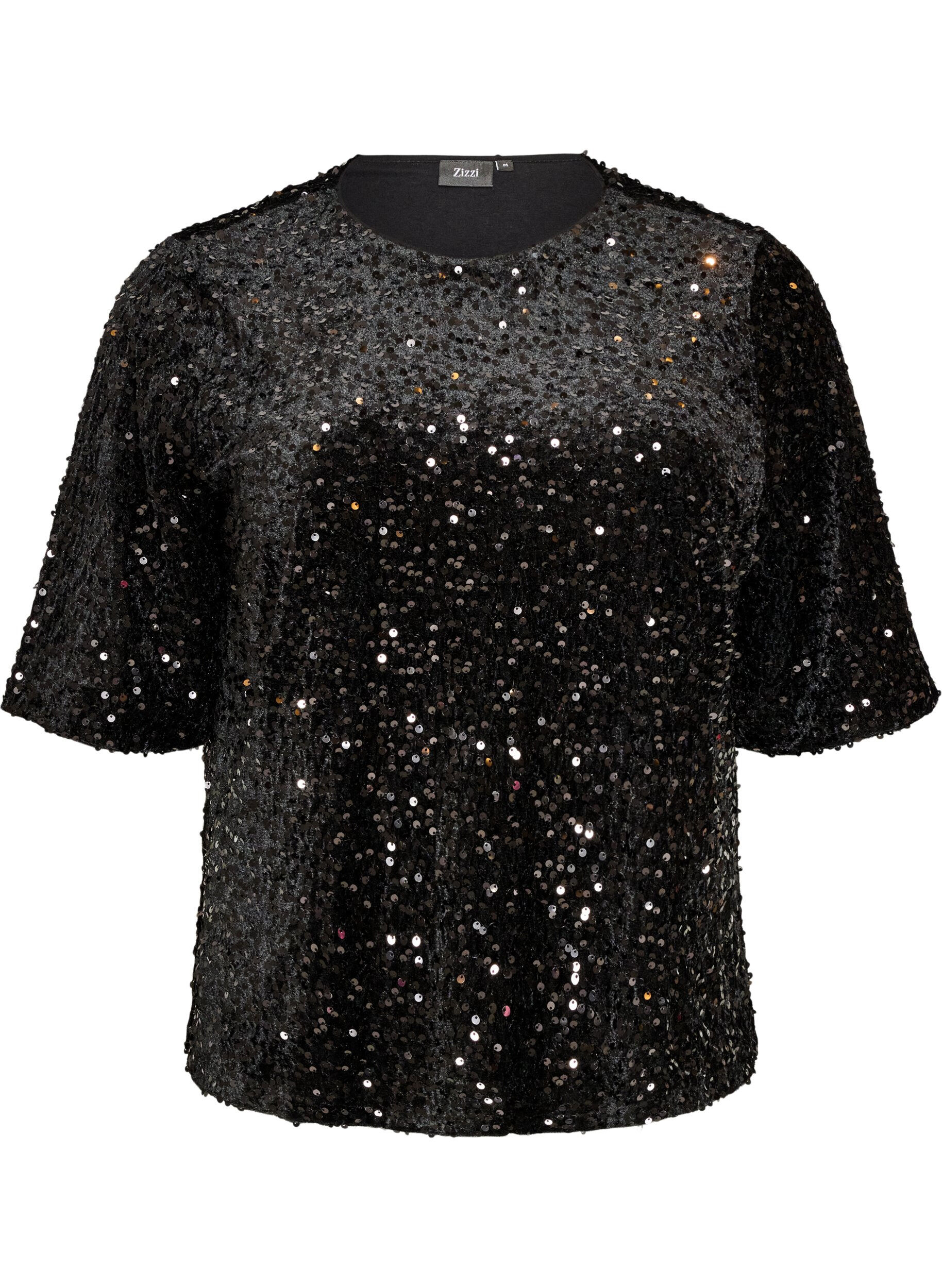 ZizziBlouse en sequins avec manches au coude, Noir, Packshot image number 0