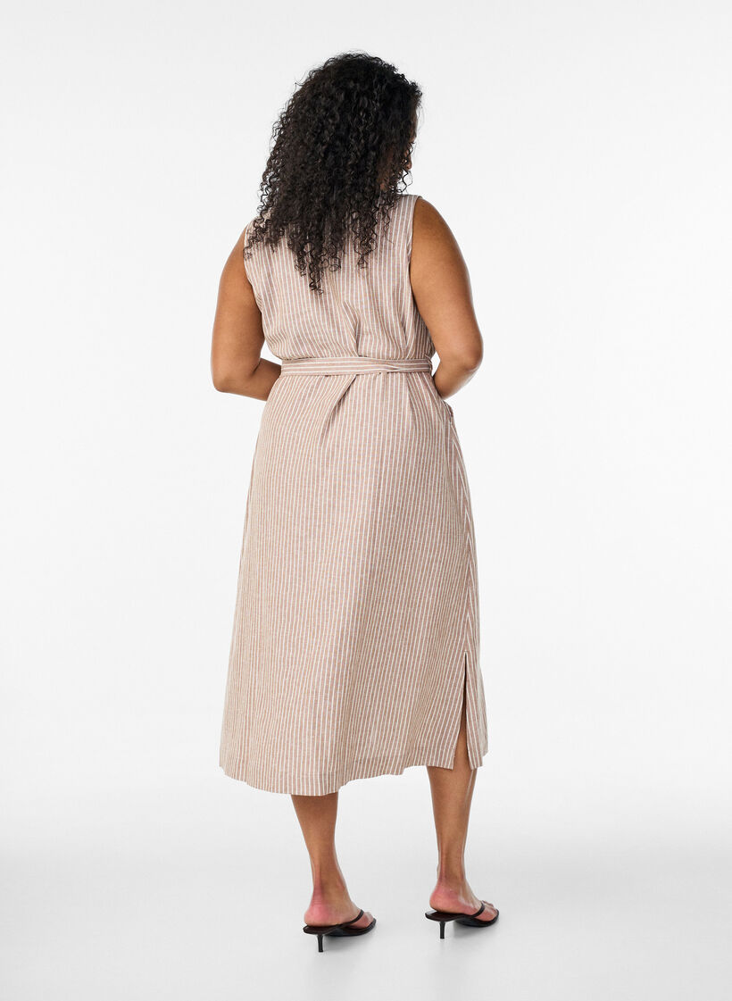 Robe midi sans manches &agrave; rayures en lin et viscose, Beige, Model image number 1