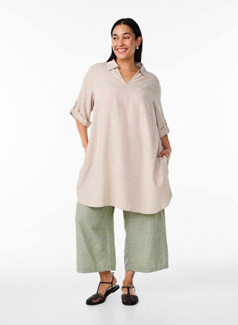 Tunique coupe trap&egrave;ze en lin et viscose, Beige, Model image number 1