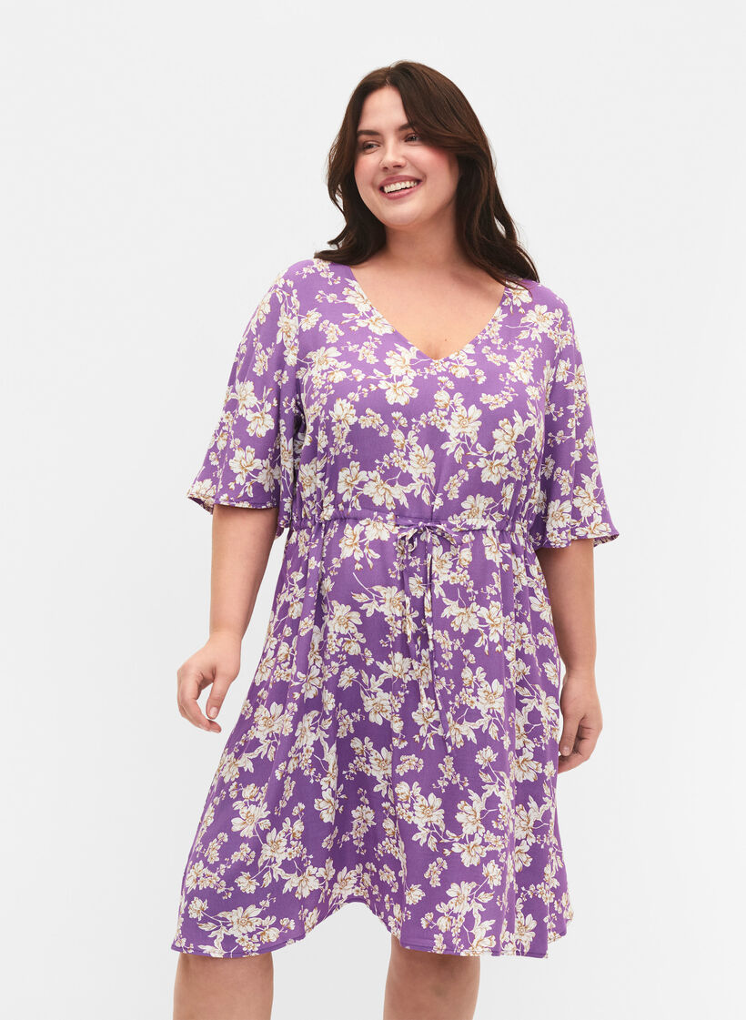Robe à manches 1/2 avec imprimé floral en viscose, Purple Flower AOP, Model image number 0