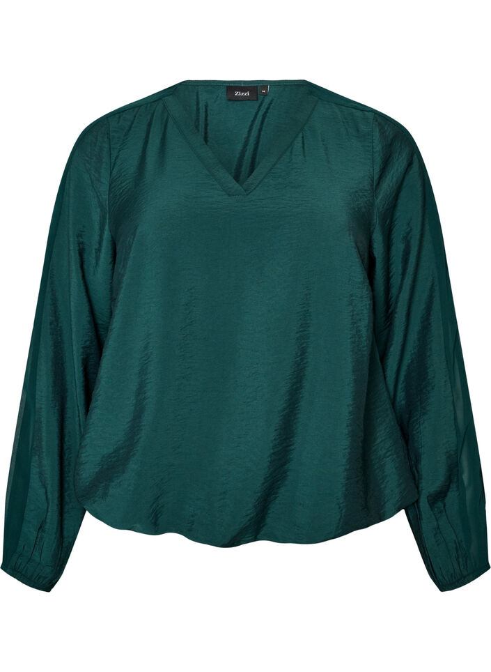 Blouse avec effet ballon et d&eacute;tails en mousseline, Vert fonc&eacute;, Packshot image number 0