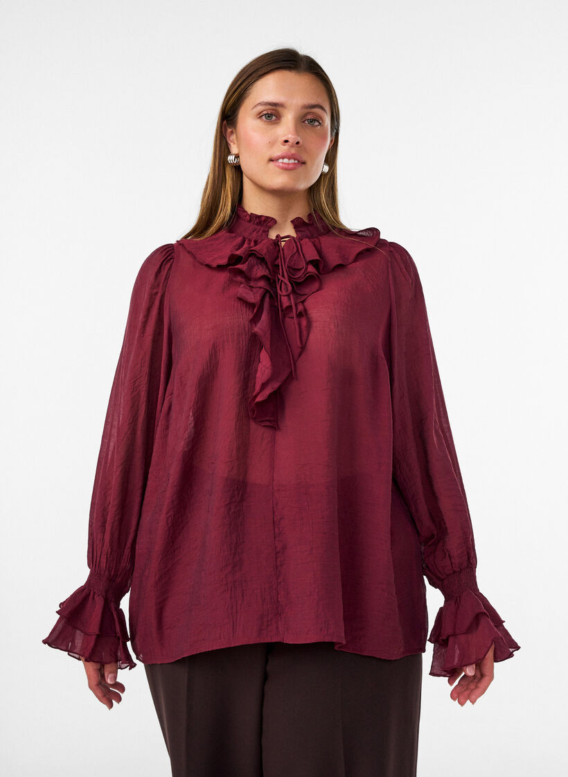 Blouse en viscose avec volants et manches longues, Bordeaux, Model image number 0