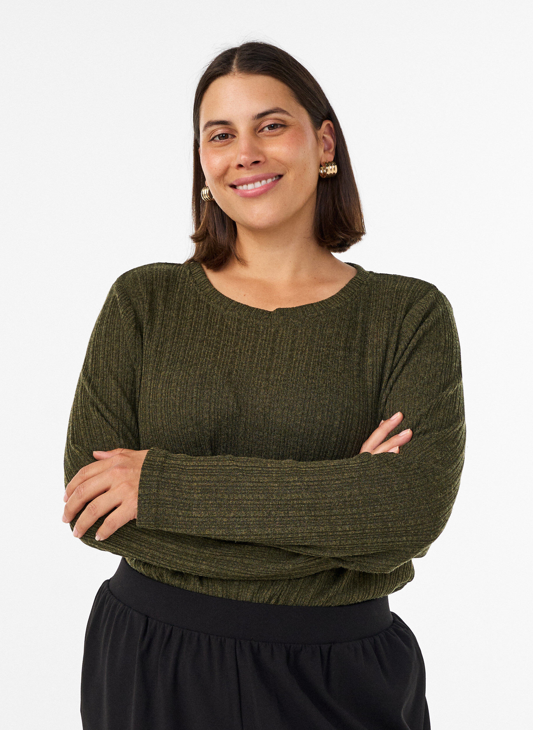 ZizziBlouse en jersey avec structure c&ocirc;tel&eacute;e et manches longues, Vert fonc&eacute;, Model image number 0