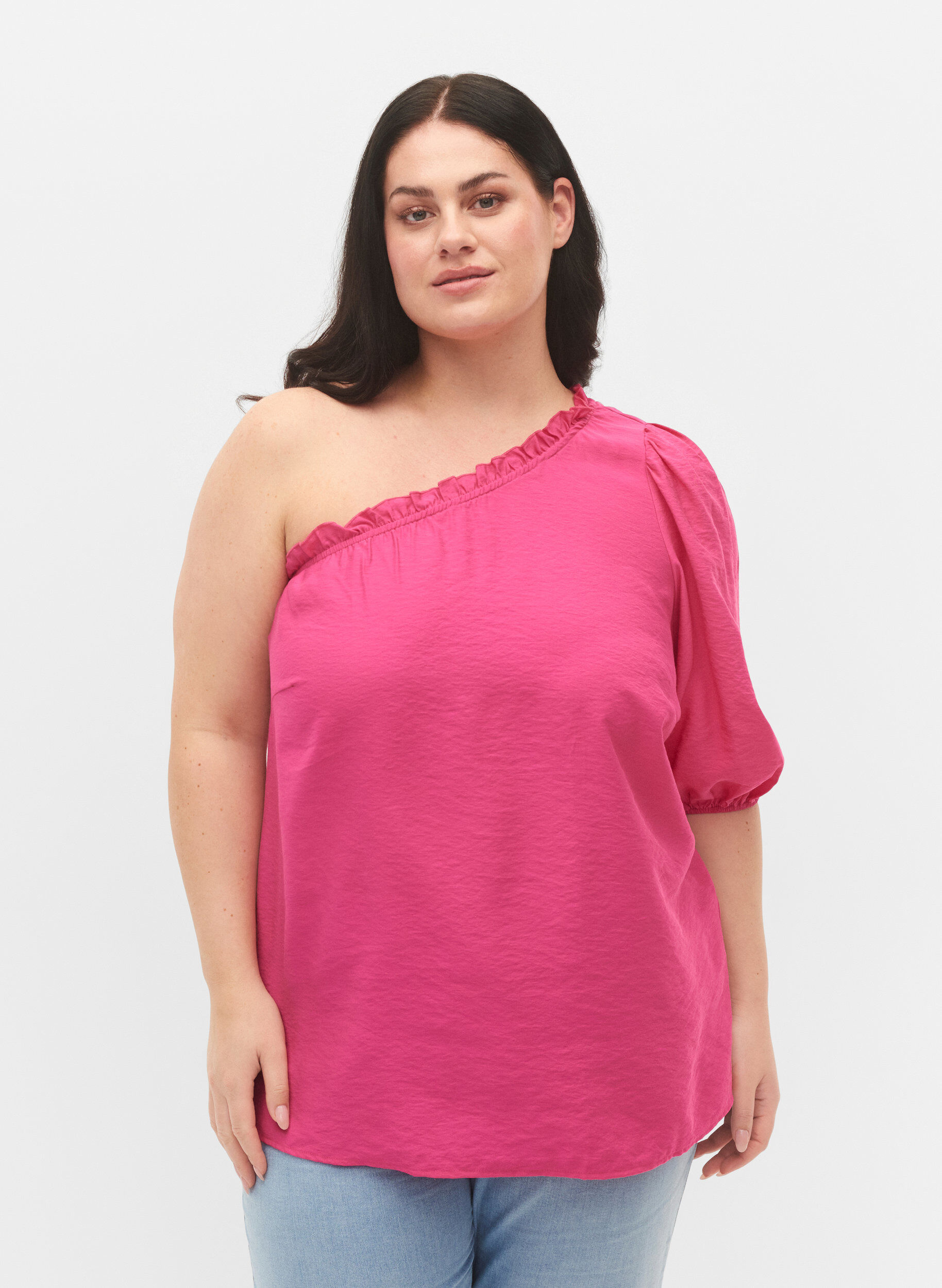 Zizzi blouse &agrave; une &eacute;paule en viscose, Rose, Model image number 0