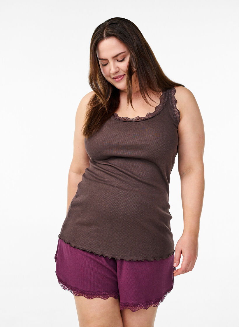 Top avec finitions en dentelle, Marron, Model image number 0