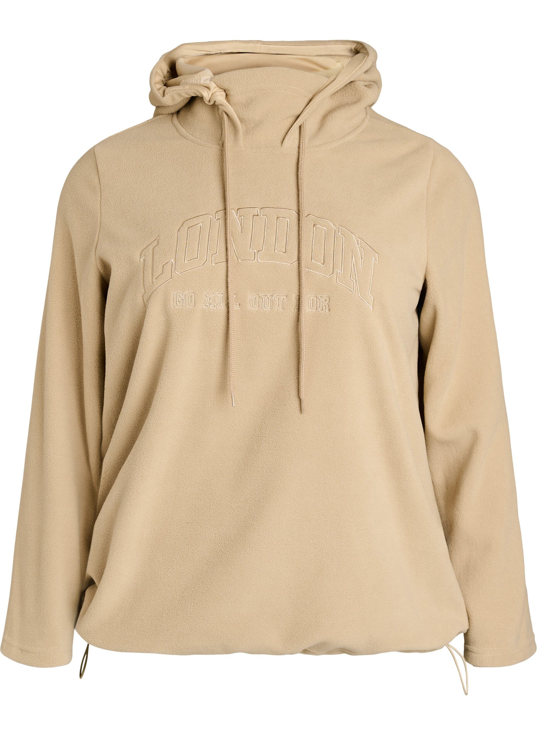 ZizziSweat &agrave; capuche en polaire avec col montant et texte brod&eacute;, Beige, Packshot image number 0