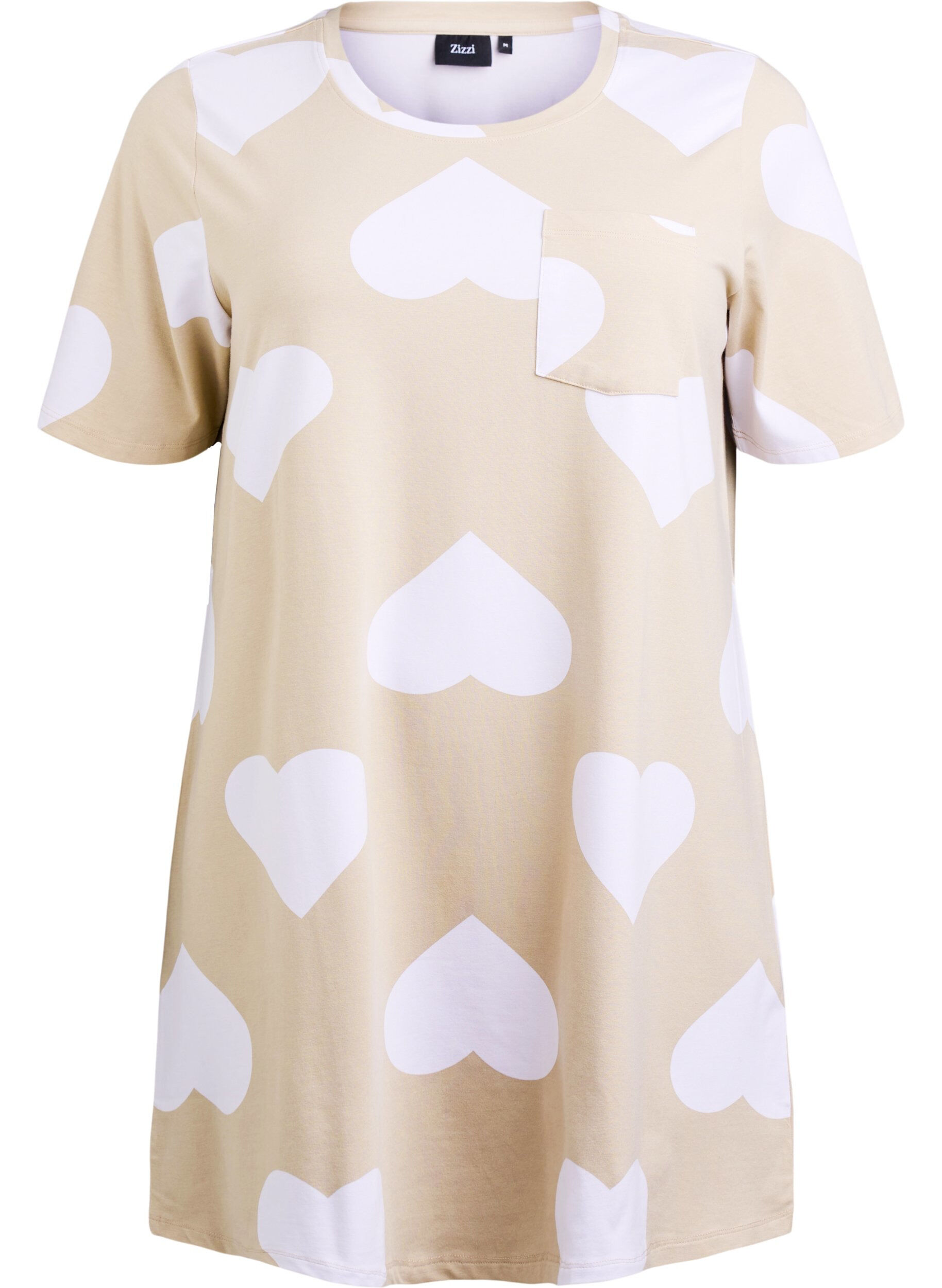 Zizzi Long tee-shirt de nuit en m&eacute;lange de modal et avec des coeurs, Beige, Packshot image number 0