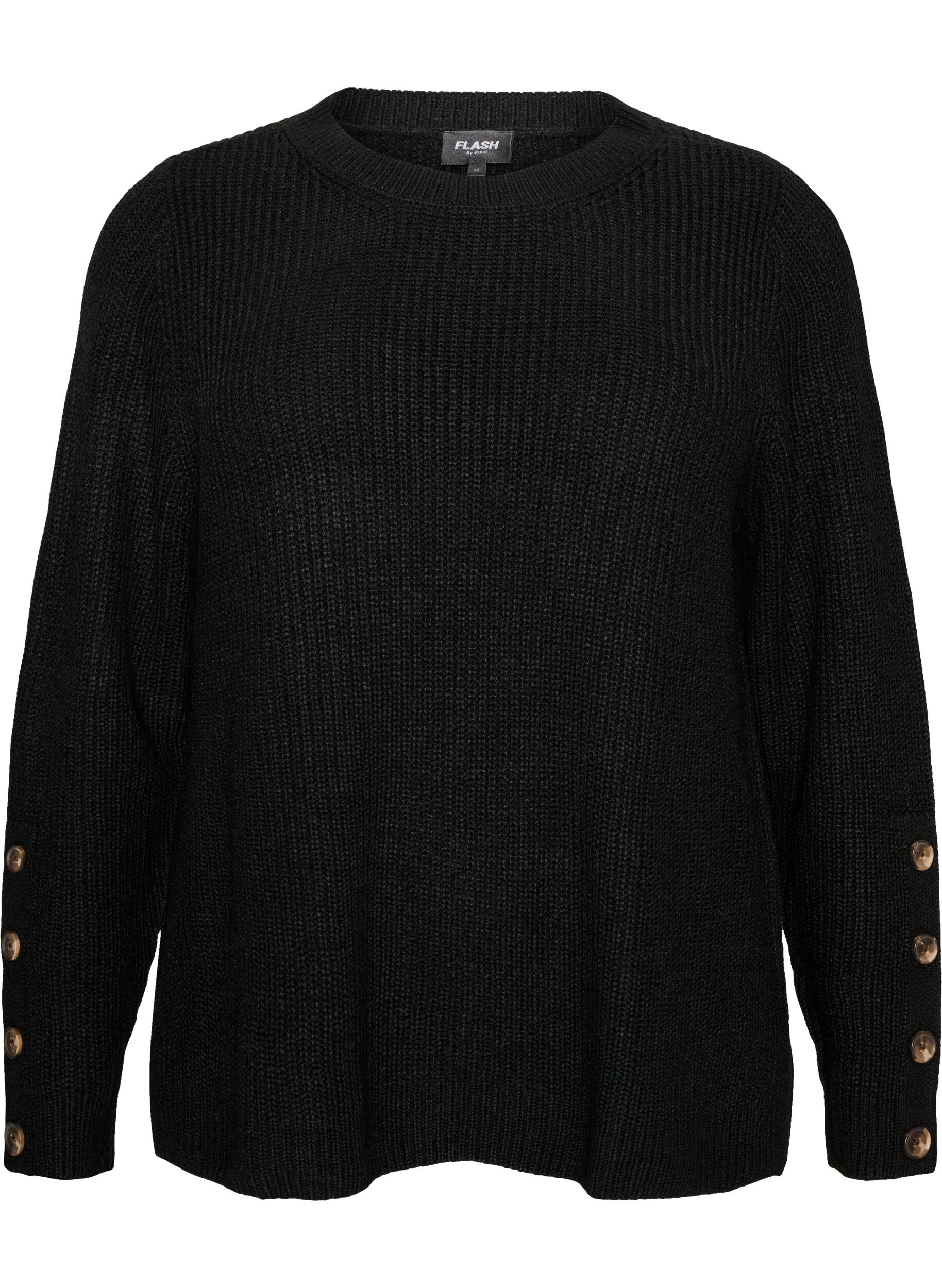 ZizziBlouse en maille c&ocirc;tel&eacute;e avec d&eacute;tails de boutons, Noir, Packshot image number 0