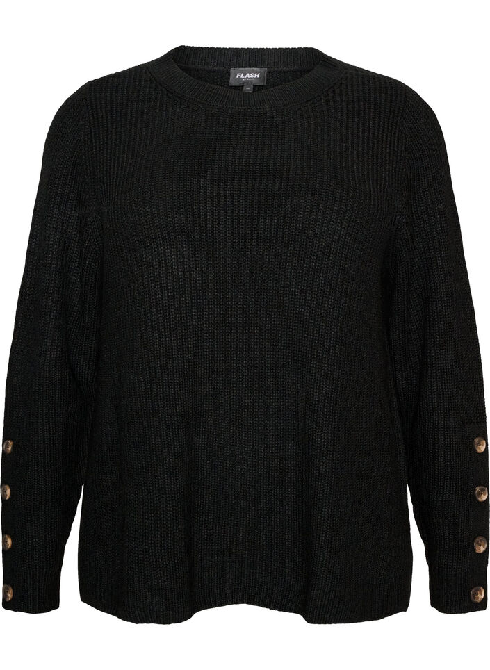 Blouse en maille c&ocirc;tel&eacute;e avec d&eacute;tails de boutons, Noir, Packshot image number 0