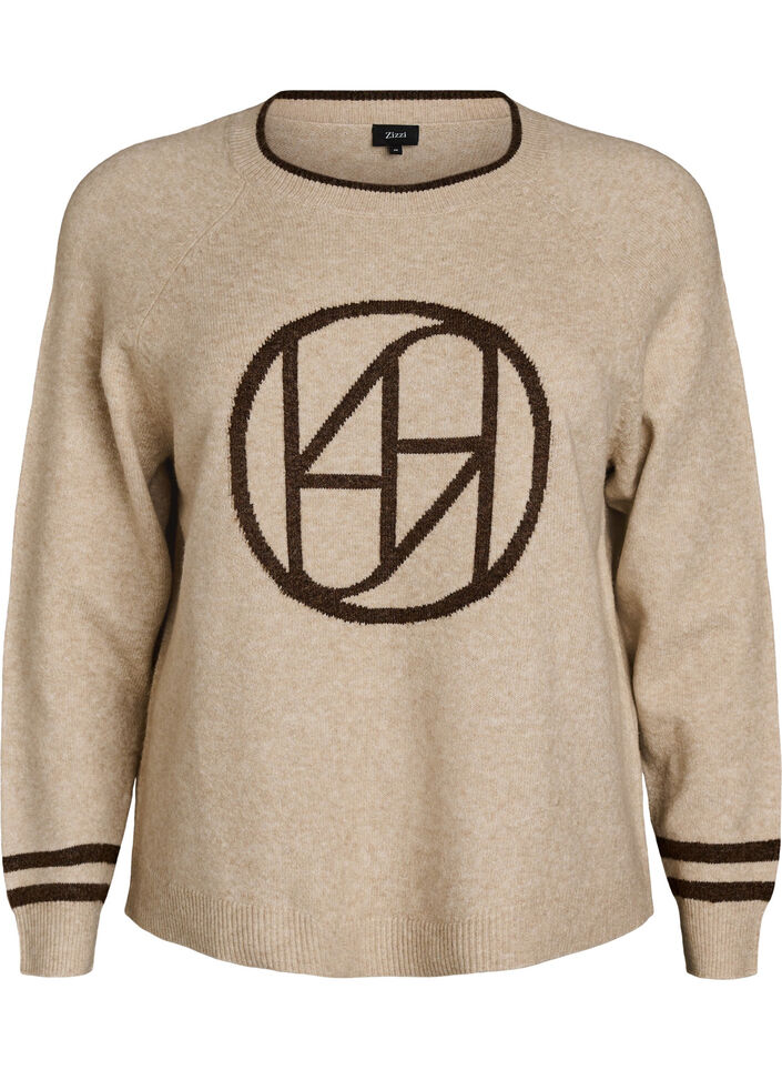 Pull avec logo et rayures contrastantes, Beige, Packshot image number 0