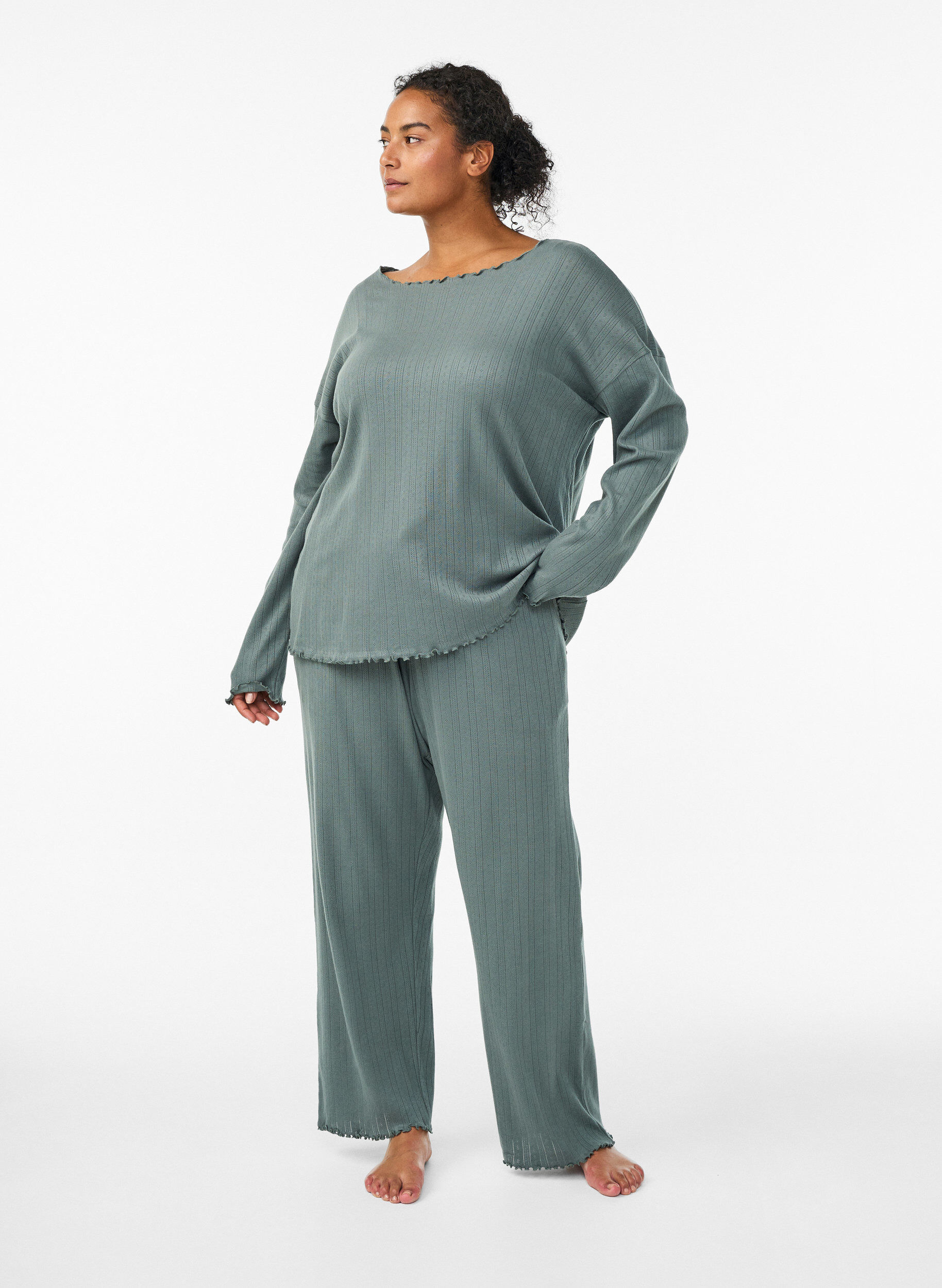 Zizzi Pantalon de nuit en coton, Vert fonc&eacute;, Model image number 0