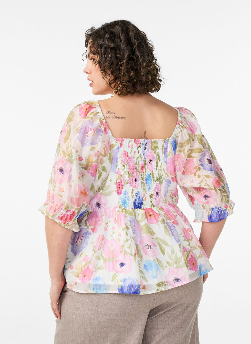 Blouse en lyocell &agrave; imprim&eacute; floral et d&eacute;collet&eacute; en c&oelig;ur, Blanc, Model image number 2