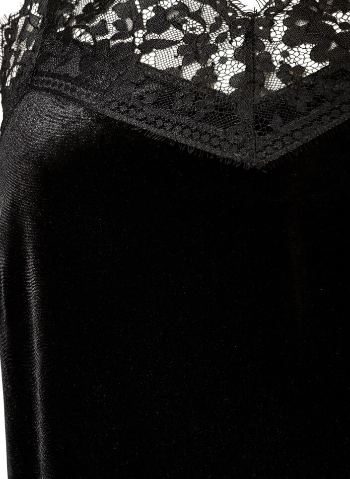 Robe en velours avec dentelle et fente lat&eacute;rale, Noir, Packshot image number 2
