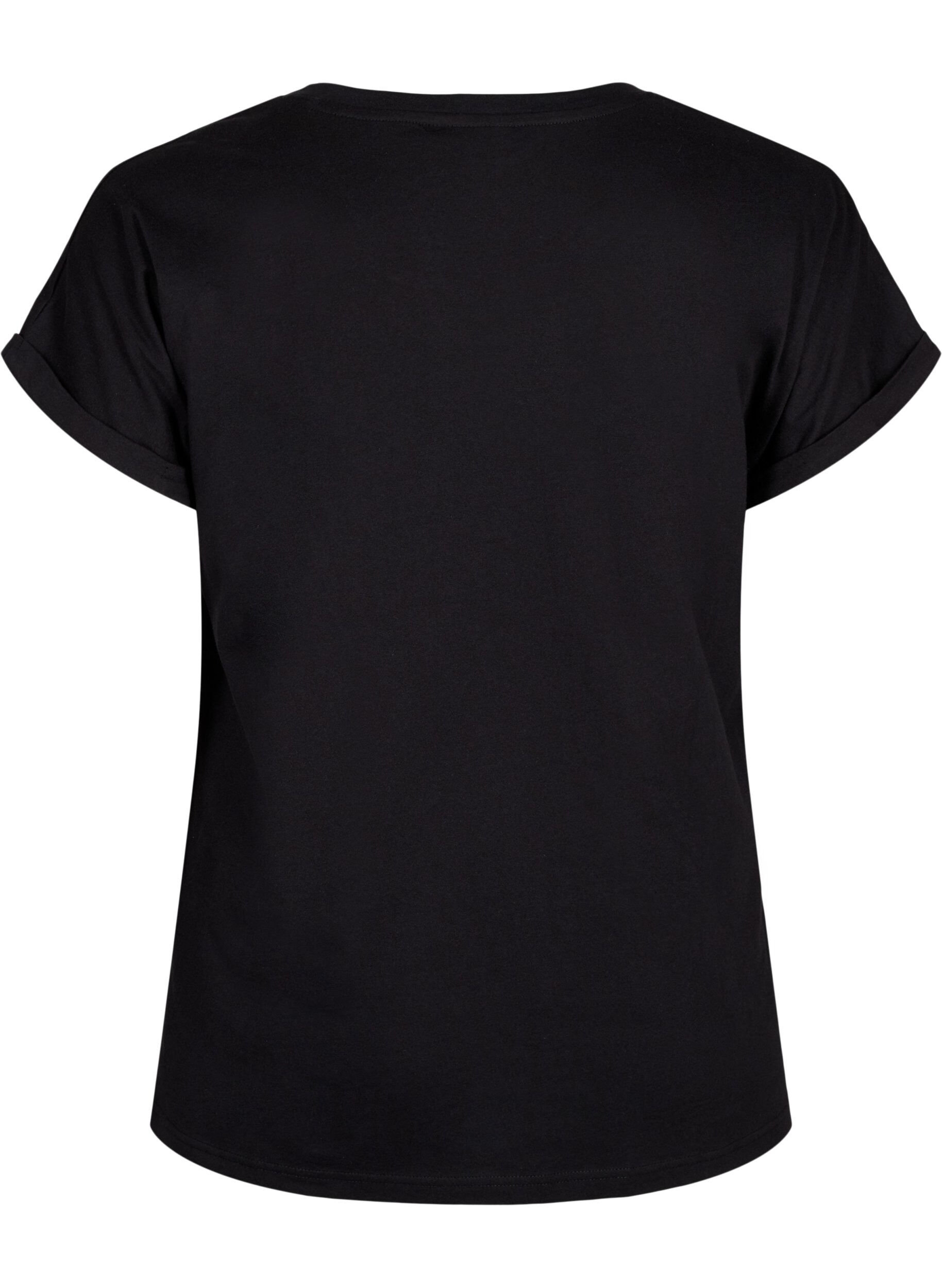 Zizzi T-shirt en coton biologique avec imprim&eacute; dor&eacute;, Black W. Free, Packshot image number 1