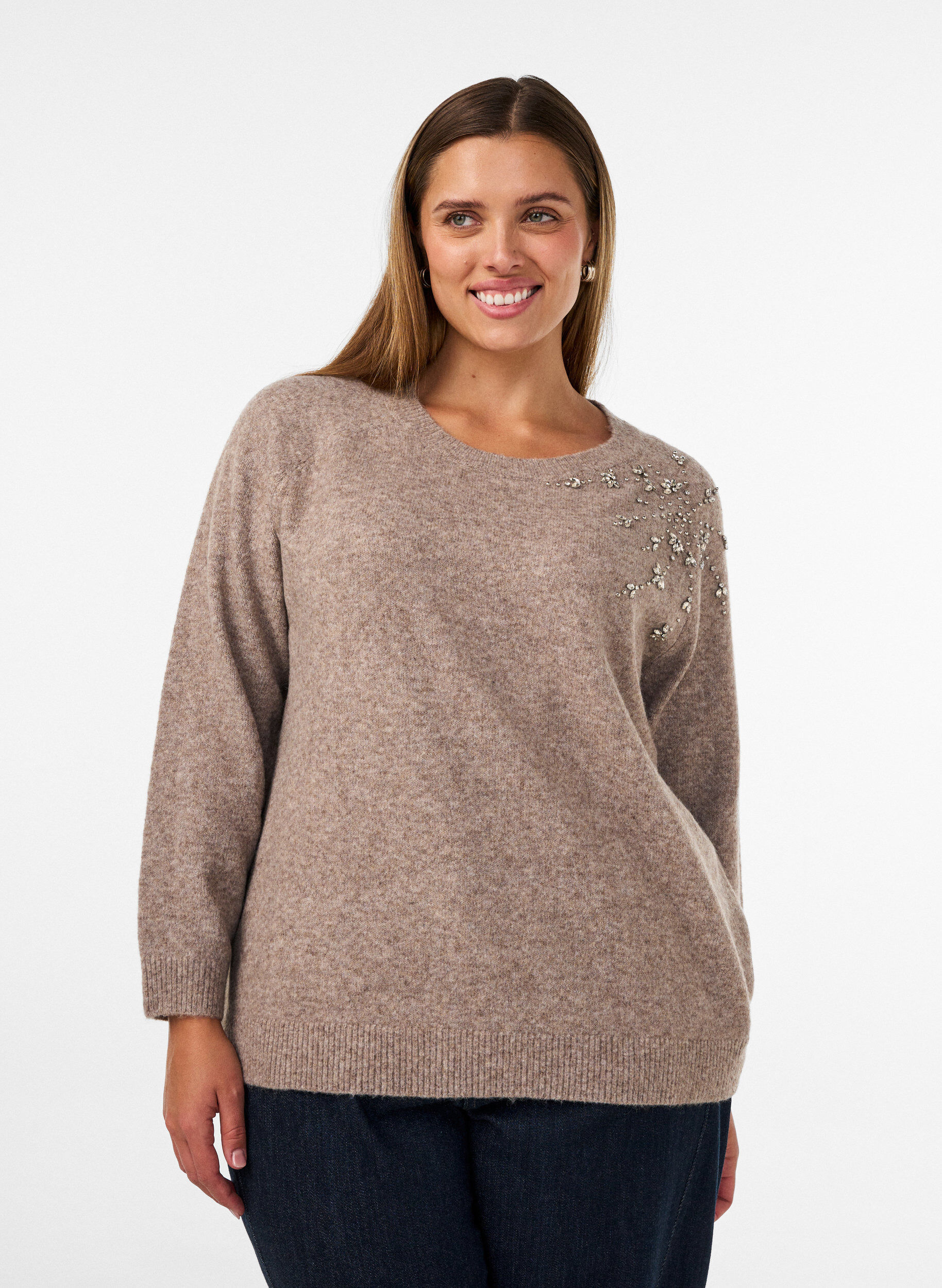 ZizziBlouse en maille avec strass et clous, Beige, Model image number 0