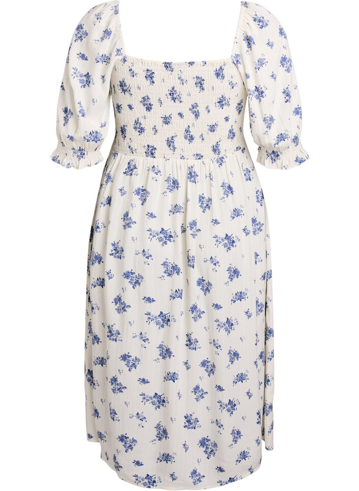 Robe midi en viscose &agrave; fleurs avec smock, Blanc, Packshot image number 1