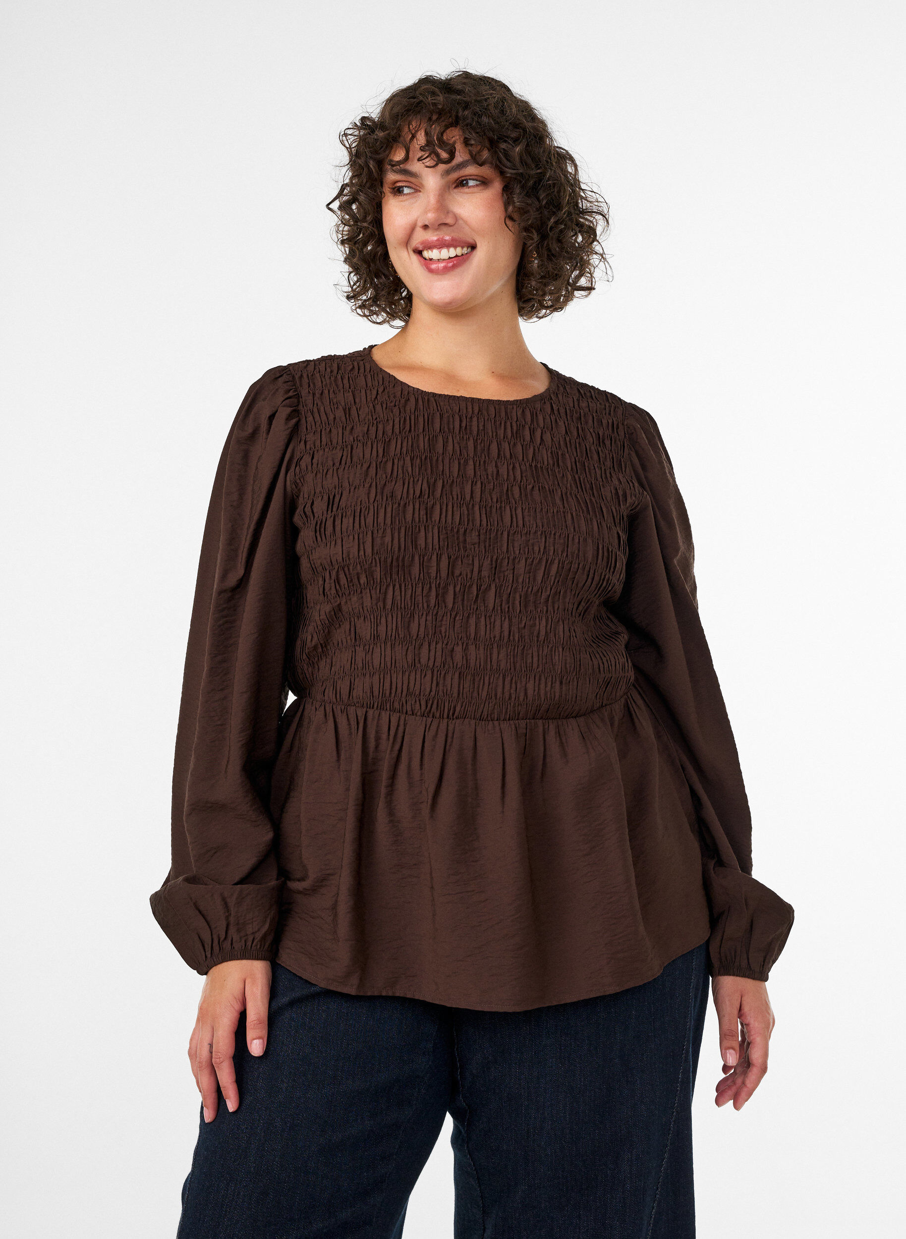 Blouse avec smocks et manches longues, Marron, Model