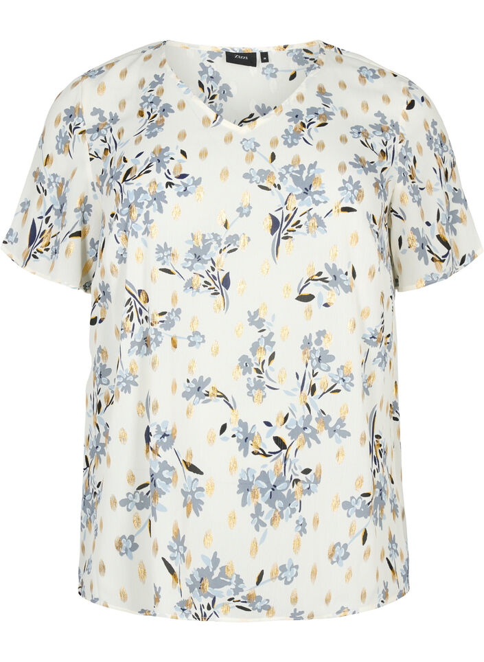 Blouse à imprimé et lurex, White Flower/Gold, Packshot image number 0