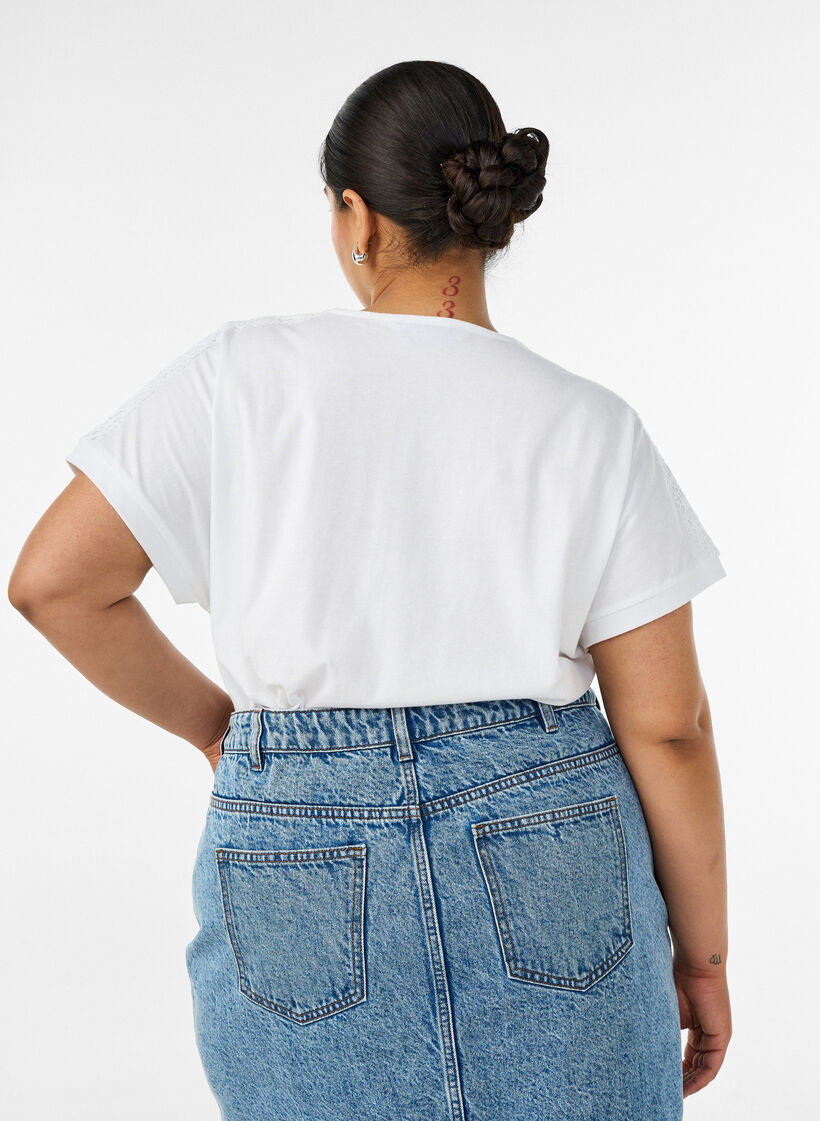 T-shirt en coton avec d&eacute;tails au crochet, Blanc, Model image number 2
