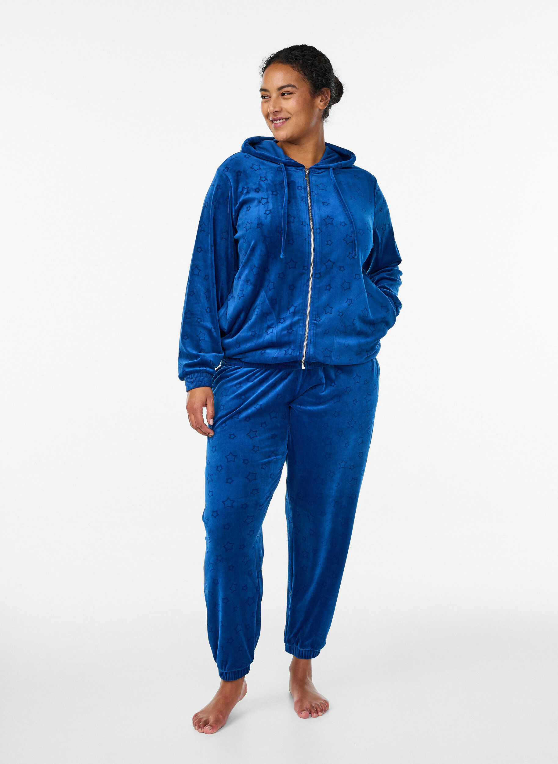 Zizzi Cardigan &agrave; capuche en velours avec poches, Bleu, Model image number 1