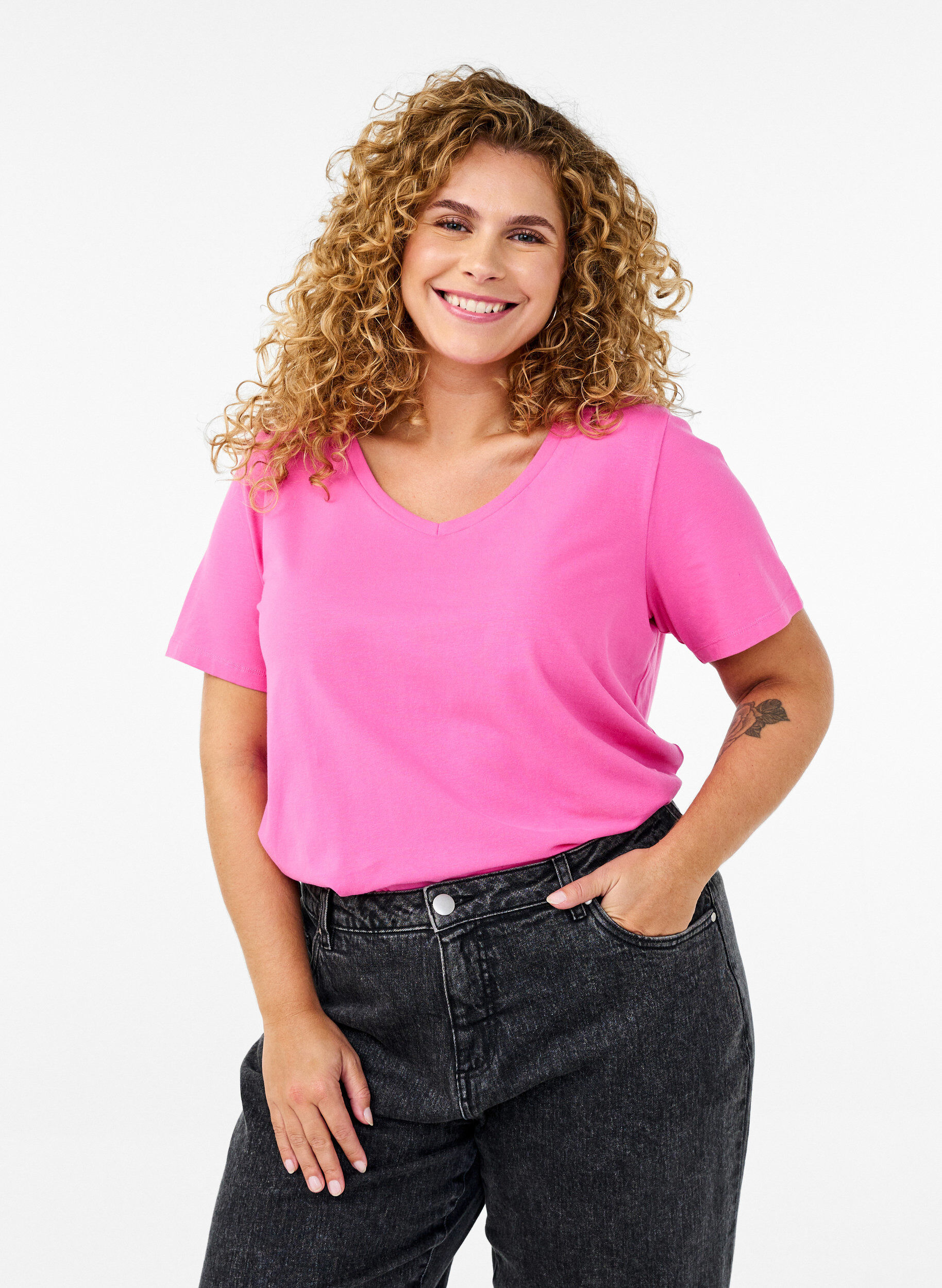 T-shirt basique en coton de couleur unie, Rose, Model