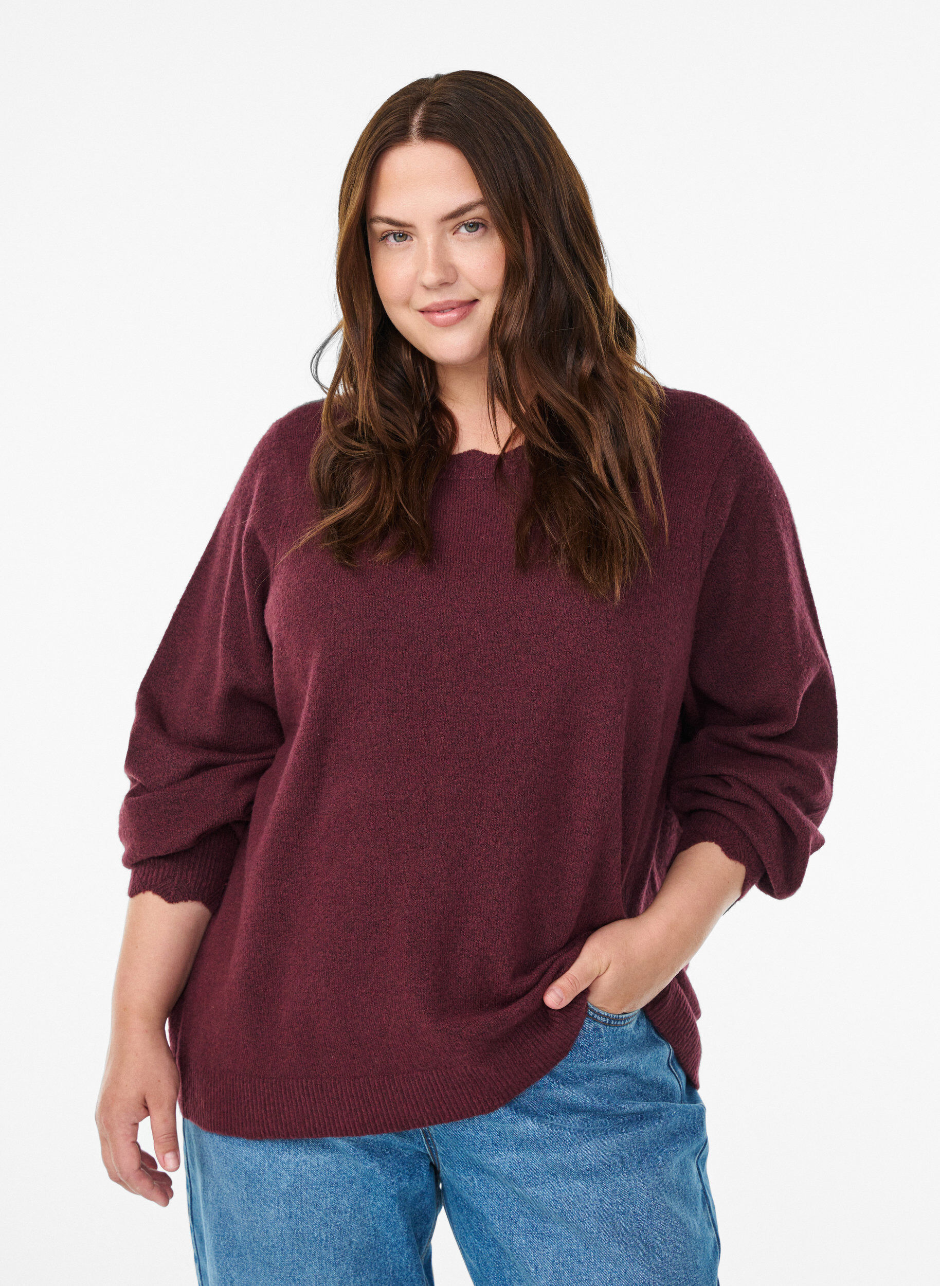 Blouse en maille &agrave; bords ondul&eacute;s, Bordeaux fonc&eacute;, Model