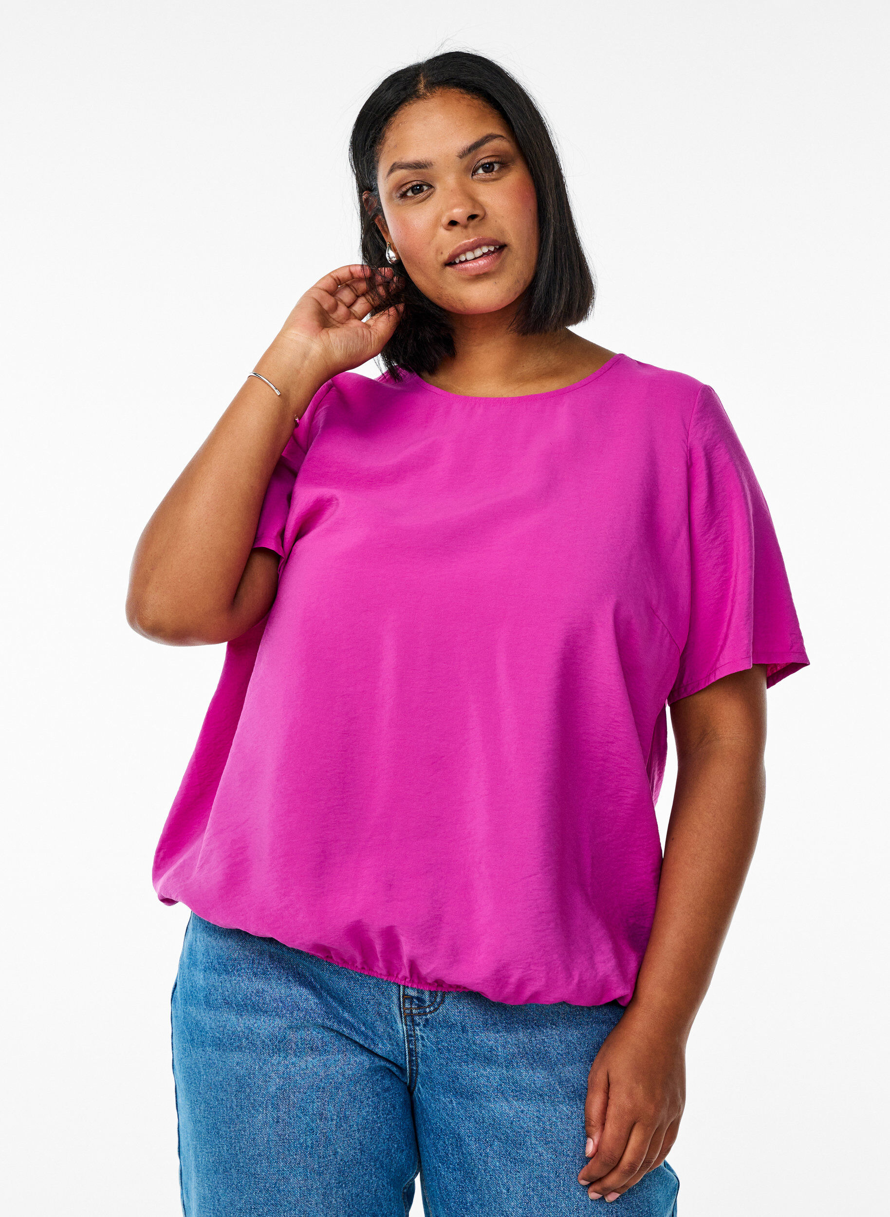 Zizzi Blouse &agrave; manches courtes avec ourlet &eacute;lastique, Rose, Model image number 0