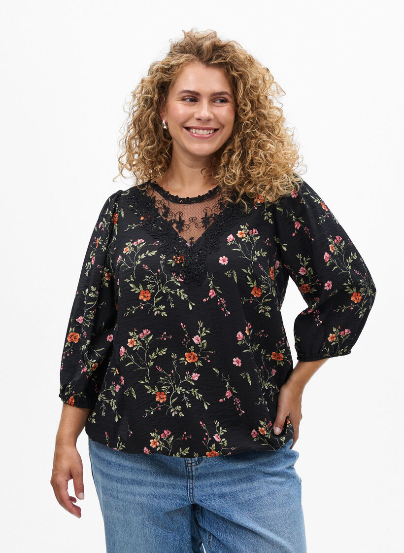 Blouse avec manches 3/4 et d&eacute;tails en dentelle, Noir, Model image number 0