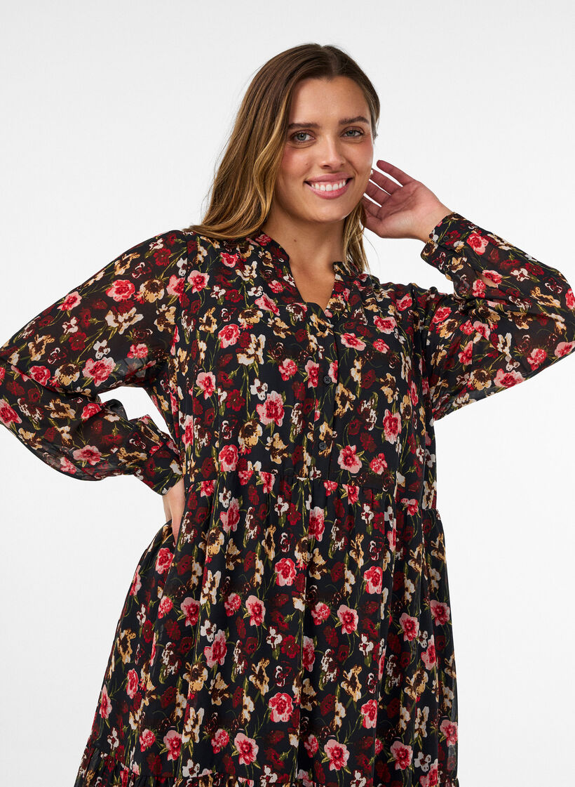 Robe &agrave; imprim&eacute; int&eacute;gral et volant superpos&eacute;, Noir, Model image number 2